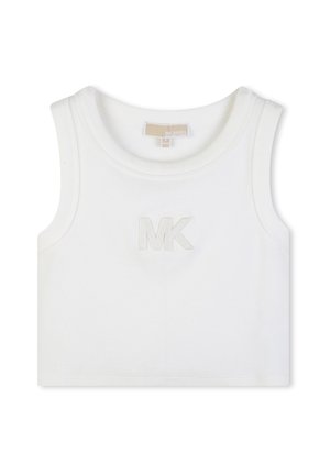Haut court sans manches blanc à côtes, avec col rond et logo "MK" en relief centré sur la poitrine.