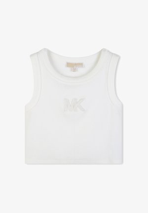 Haut court sans manches blanc à côtes, avec col rond et logo "MK" en relief centré sur la poitrine.