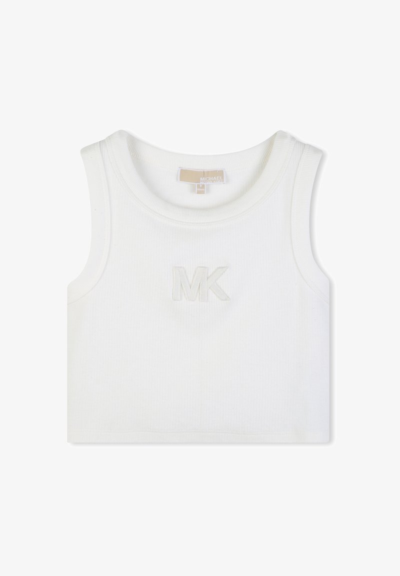 Haut court sans manches blanc à côtes, avec col rond et logo "MK" en relief centré sur la poitrine.