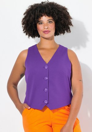 Purple sleeveless vest with a V-neck, featuring four round buttons and a slightly curved hem, paired with orange pants.