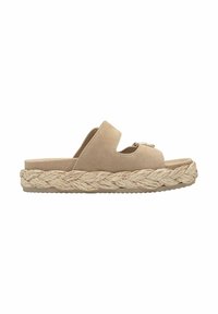 Beige platform sandal made of suede with a braided jute sole. Features an open toe and a curved strap design. Textured surface.