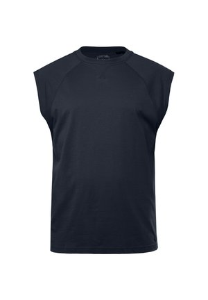 Marinekleurige mouwloze t-shirt gemaakt van zachte katoen, met een ronde hals en raglanontwerp, en minimale stikseldetails.