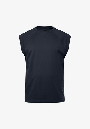 Navy sleeveless t-shirt made of soft cotton, featuring a crew neck and raglan design, with minimal stitching details.