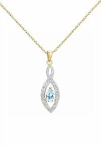 Guldkæde med en dråbeformet aquamarine vedhæng sat i en struktureret sølvramme med små klare sten, der fremhæver designet.
