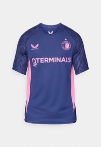 T-shirt à manches courtes bleu marine avec des accents roses, logo sur la poitrine et manches texturées. Fabriqué en tissu respirant pour les vêtements de sport.