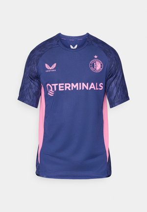 Navyblaues Kurzarmtrikot mit rosa Akzenten, Logo auf der Brust und strukturierten Ärmeln. Hergestellt aus atmungsaktivem Stoff für Sportkleidung.