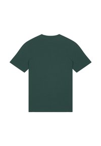 Groene katoenen t-shirt, korte mouwen, ronde hals, effen kleur, gladde textuur, eenvoudig ontwerp, geen zichtbare logo's of patronen op de achterkant.