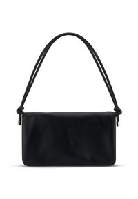 Schwarze Lederhandtasche mit glatter Textur, rechteckiger Form und doppelt geknoteten Griffen. Minimalistisches Design ohne sichtbare Hardware.