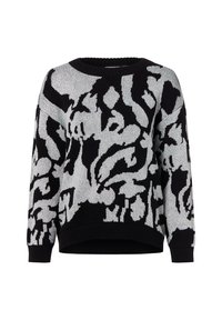 Schwarzer und silberner Pullover mit Muster, Rundhalsausschnitt, langen Ärmeln und geripptem Saum. Weiche Stricktextur mit abstraktem Design.