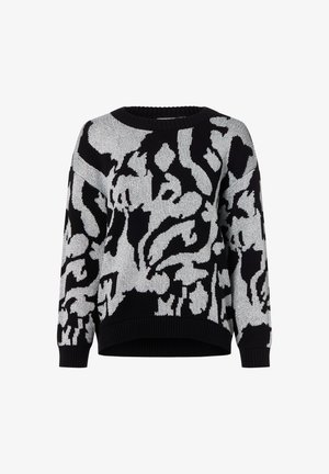 Schwarzer und silberner Pullover mit Muster, Rundhalsausschnitt, langen Ärmeln und geripptem Saum. Weiche Stricktextur mit abstraktem Design.
