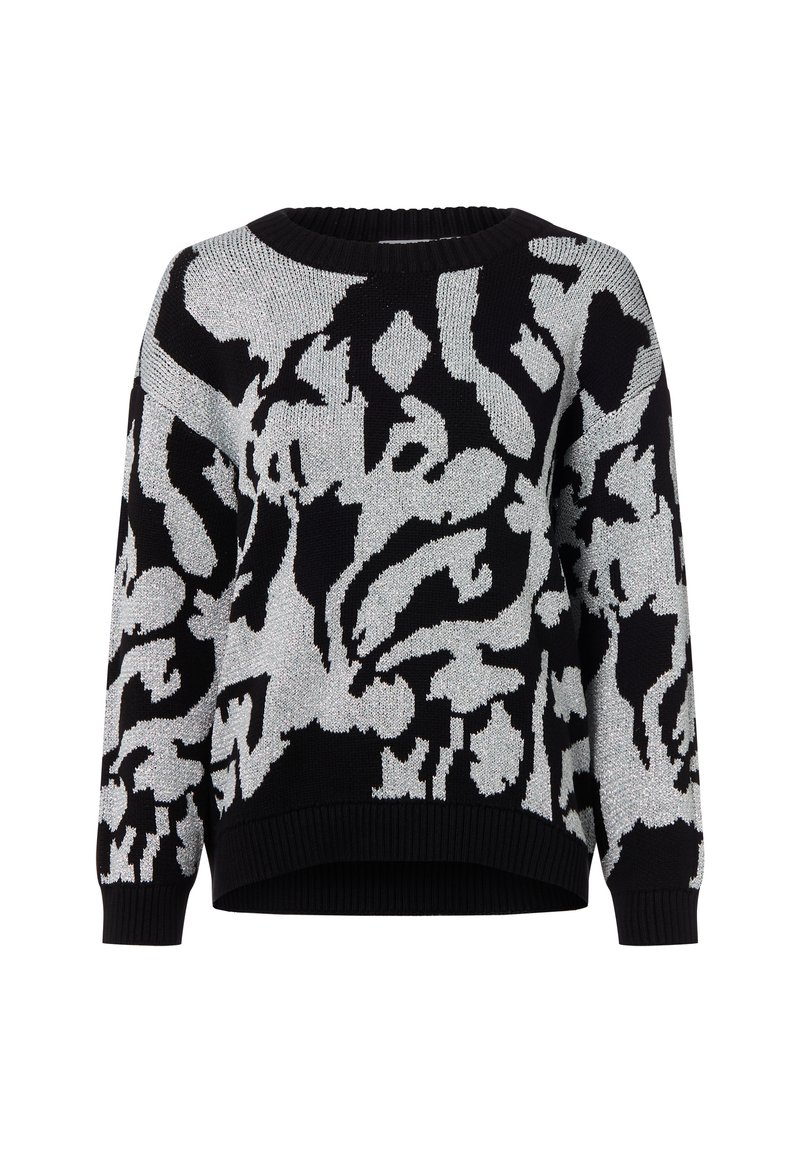 Schwarzer und silberner Pullover mit Muster, Rundhalsausschnitt, langen Ärmeln und geripptem Saum. Weiche Stricktextur mit abstraktem Design.