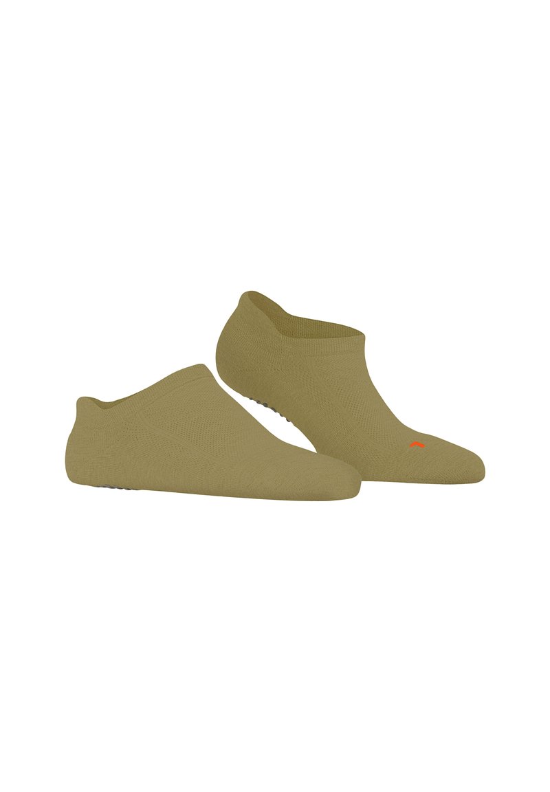 Oliwkowe skarpetki kostkowe z teksturowanym splotem, niskie, z małym pomarańczowym akcentem na palcach. Antypoślizgowa podeszwa.