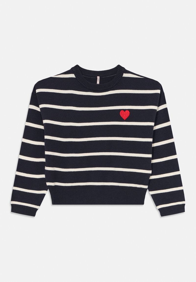 Mornarsko prugast pulover z kremastimi vodoravnimi črtami, z ribanim izrezom in robom, ki ima na prsih majhno aplikacijo rdečega srca.