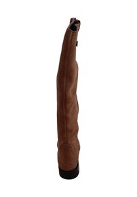 Bota alta de ante marrón con un diseño elegante, que presenta una textura suave, puntera redondeada y tacón negro. Cierre con cremallera en la parte trasera.