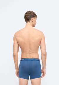Mėlynos medvilninės bokserių trumpikės su lygia tekstūra ir elastine juosta, ant kurios yra Calvin Klein logotipas. Vaizdas iš nugaros vyriško modelio.