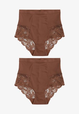 Brūnas augstās biksītes ar mežģīņu sānu paneļiem, kuros ir ziedu raksts. Gluda auduma un smalkas mežģīņu apdare malās.