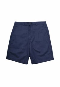 Pantaloni corti in cotone blu navy con una superficie liscia, dotati di chiusura a bottone, due tasche frontali e una vestibilità comoda.