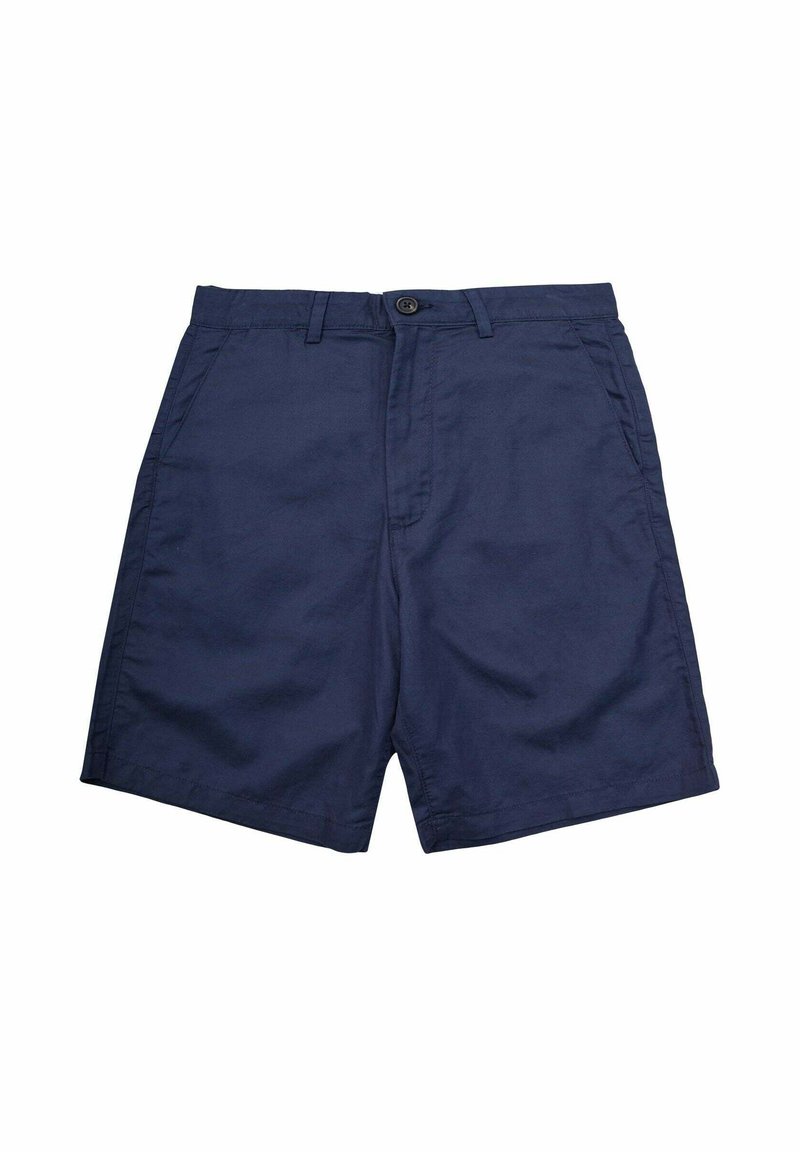 Pantaloni corti in cotone blu navy con una superficie liscia, dotati di chiusura a bottone, due tasche frontali e una vestibilità comoda.