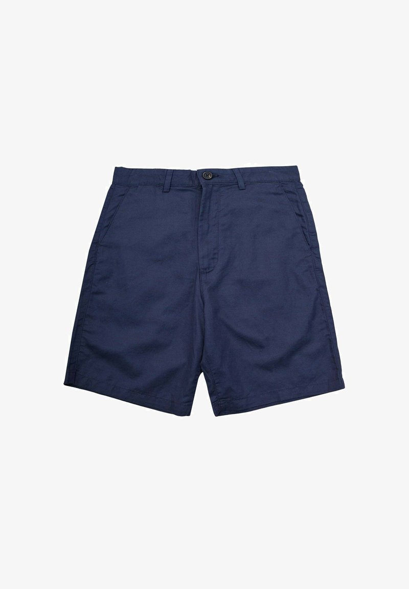 Pantaloni corti in cotone blu navy con una superficie liscia, dotati di chiusura a bottone, due tasche frontali e una vestibilità comoda.