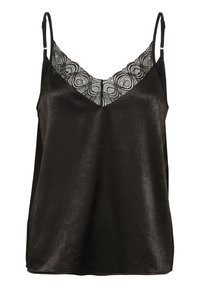 Camisola in seta nera con scollatura in pizzo, spalline regolabili e una consistenza morbida e liscia.