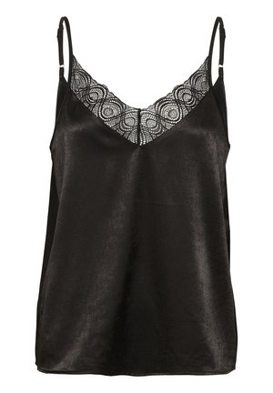 Melnas zīda topiņš ar mežģīņu apdari ap kaklu, regulējamām plāno siksniņu plecu lencēm un maigu, gludu tekstūru.