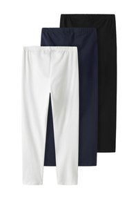Trois paires de leggings extensibles : blancs, navy et noirs. Chacune présente une taille élastique et une texture de tissu lisse. Pas de motifs visibles.