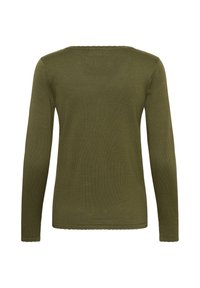 Pull en maille vert olive à manches longues avec col rond et texture simple et lisse, vu de dos.