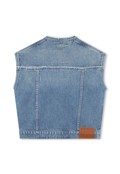 Jeansweste in hellblau mit cropped Design, rohem Saum und einem braunen Lederetikett in der unteren rechten Ecke. Verfügt über eine klassische Rückenpasse.