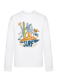 Fehér, hosszú ujjú ing, színes grafikai mintával kaktuszokról, vízről és a "CALI SURF" feliratról narancs és kék színben. Felhasználóbarát dizájn kerek nyakkivágással.