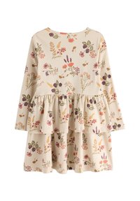 Long-sleeve dress in cream fabric with floral patterns in pink, purple, and green. Features a tiered skirt design and a round neckline.