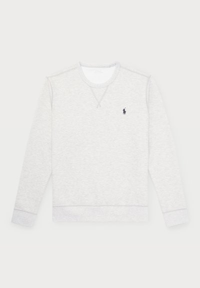 Sweatshirt cinza claro feito de mistura de algodão; apresenta um decote redondo, mangas longas e um pequeno logótipo azul-marinho no peito.