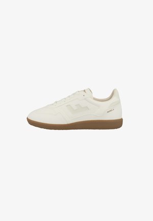 White synthetic sneakers with brown rubber sole, featuring rounded toe, flat laces, and subtle side logo detailing. Smooth texture.
