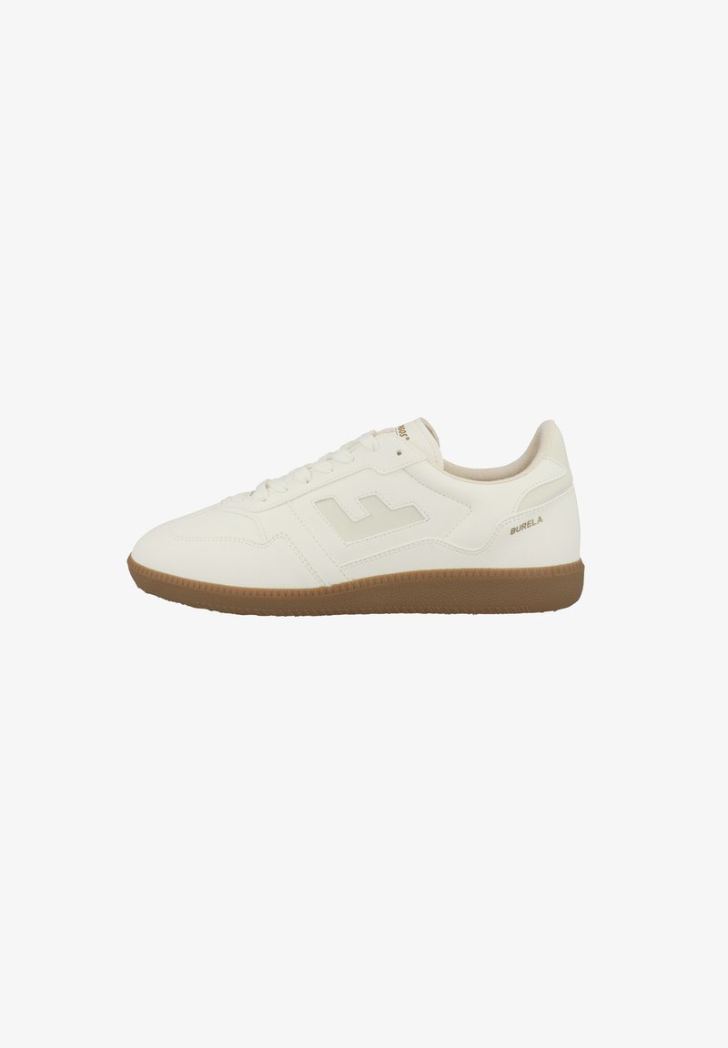 White synthetic sneakers with brown rubber sole, featuring rounded toe, flat laces, and subtle side logo detailing. Smooth texture.