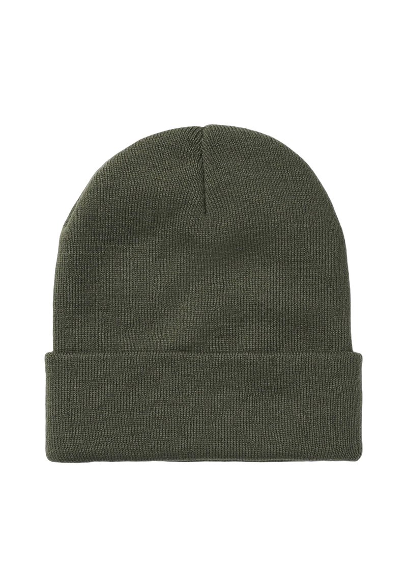 Beanie in verde oliva a maglia con risvolto, realizzato in tessuto morbido. Presenta un design semplice e senza cuciture, privo di decorazioni o motivi.