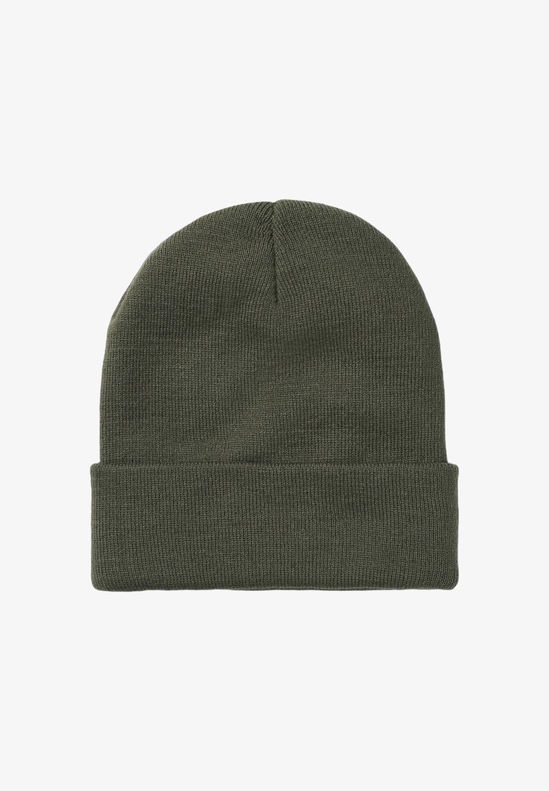 Beanie in verde oliva a maglia con risvolto, realizzato in tessuto morbido. Presenta un design semplice e senza cuciture, privo di decorazioni o motivi.
