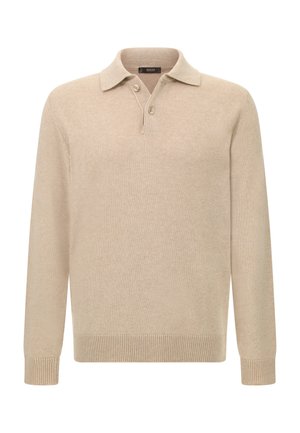 Béžový pletený svetr s dlouhými rukávy, límcem polo a zapínáním na tři knoflíky. Má žebrované manžety a spodní lem pro přiléhavý střih.