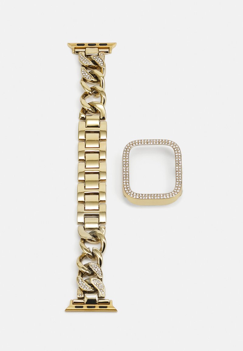 Bracelet de montre en métal doré avec un design en maillons de chaîne et un connecteur rectangulaire. Présente des pierres claires le long du bord extérieur du connecteur.