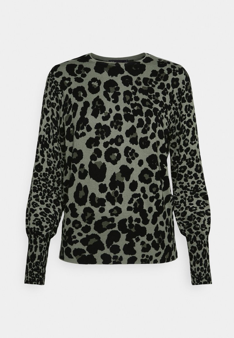 Pull en maille à manches longues avec imprimé léopard noir sur fond vert olive et poignets bouffants.