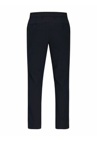 Pantalon de costume bleu marine à fines rayures vu de dos, avec passants de ceinture et deux poches arrière boutonnées.