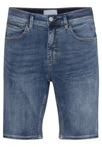 Pantalones cortos de mezclilla en azul medio, con un clásico diseño de cinco bolsillos, remaches de cobre y acentos de costura. Textura suave con un acabado ligeramente desgastado.