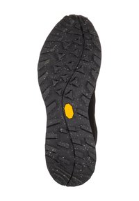 Soletta di scarpa in gomma nera con superficie testurizzata, caratterizzata da un motivo battistrada distintivo, che include triangoli, e un evidente emblema giallo del marchio.