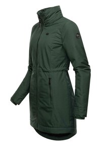 Long green jacket with a high collar, zip closure, elasticized cuffs, and two front zip pockets; features a fitted waist and curved hem.