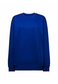 Sudadera azul de cuello redondo hecha de un tejido suave. Presenta mangas largas y un ribeteado en el cuello y los puños. Diseño simple de color sólido.