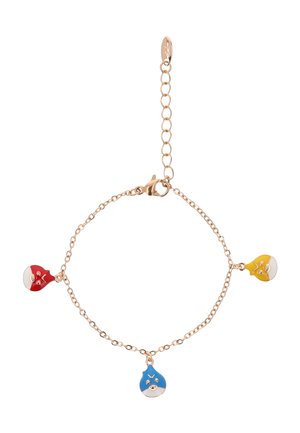 Guld kædearmbånd med tre farverige vedhæng formet som ansigter i rød, blå og gul, hver med enkle ansigtsudtryk.