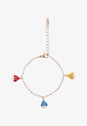 Bracciale a catena dorata con tre ciondoli colorati a forma di volto in rosso, blu e giallo, ciascuno con espressioni facciali semplici.