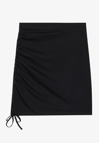 Black mini skirt made from soft fabric, featuring side ruching and ties at the hem. Smooth texture with a fitted silhouette.