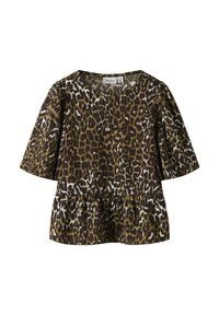 Bluzka w panterkę z krótkimi buforowymi rękawami, okrągłym dekoltem i zgromadzonym dołem w stylu peplum; w odcieniach brązu i beżu, wykonana z teksturowanej tkaniny.