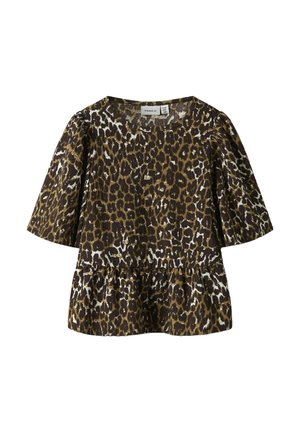 Top met panterprint, korte pofmouwen, ronde hals en gathered peplum zoom; voorzien van bruine en beige tinten met een gestructureerde stof.