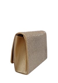 Beige Clutchbag mit einer strukturierten Außenseite, die mit kleinen Kristallen verziert ist, eleganter rechteckiger Form und einem glatten Innenfutter.