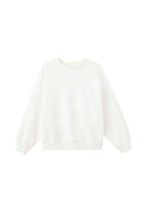 Weißes Sweatshirt mit langen Ärmeln und Rundhalsausschnitt, mit dezenten erhabenen floralen Mustern auf den Ärmeln sowie gerippten Bündchen und Saum.